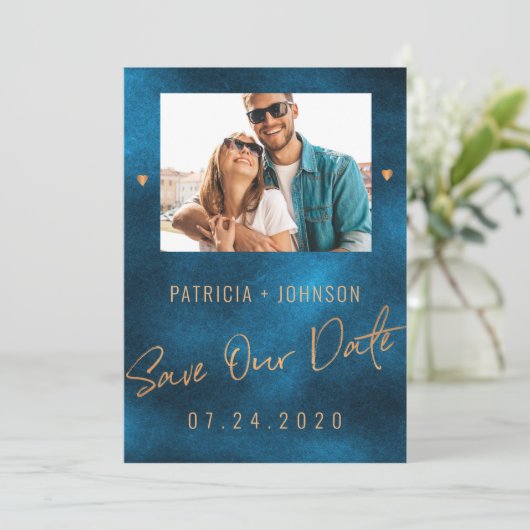 シックな豪華な海軍の金ゴールド結婚式の日付を保存PHOTO 案内状 (スタンド正面)