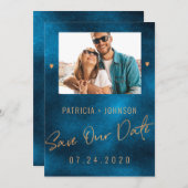 シックな豪華な海軍の金ゴールド結婚式の日付を保存PHOTO 案内状 (正面/裏面)