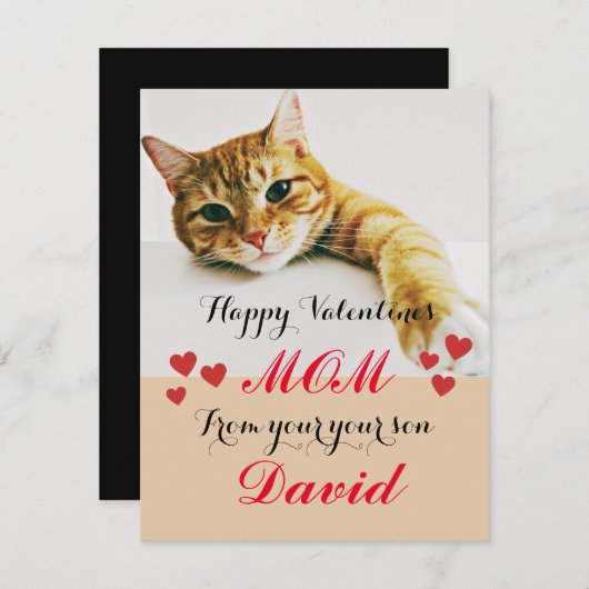 シックな赤いハートかわいいママ猫のバレンタインデイカード シーズンカード (正面/裏面)