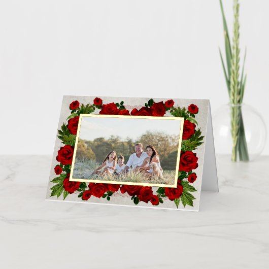 シックな赤いバラとゴールドフォイルマザーズの日写真 箔グリーティングカード (正面)