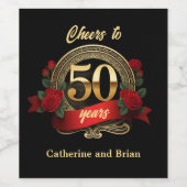 シックな赤いバラと金ゴールド50結婚周年 ワインラベル (シングルラベル)