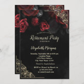 シックな赤いバラの金ゴールドフローラフレームリタイア 招待状 (正面/裏面)