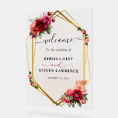 シックな赤いピンクのフローラとフェイク金ゴールド結婚の歓迎 アクリルサイン (傾斜)