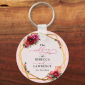 シックな赤いピンクのフローラとフェイク金ゴールド結婚ズ キーホルダー (正面)