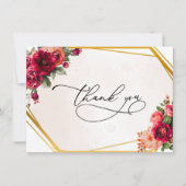 シックな赤いピンクのフローラとフェイク金ゴールド結婚ズ サンキューカード (正面)