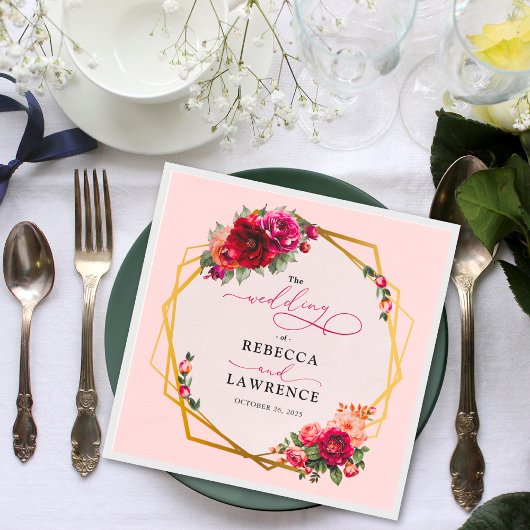 シックな赤いピンクのフローラとフェイク金ゴールド結婚ズ スタンダードカクテルナプキン