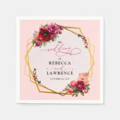 シックな赤いピンクのフローラとフェイク金ゴールド結婚ズ スタンダードカクテルナプキン (正面)