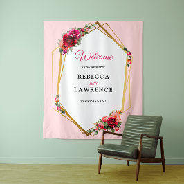 シックな赤いピンクのフローラとフェイク金ゴールド結婚ズ タペストリー