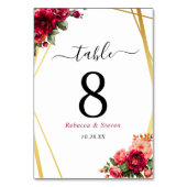 シックな赤いピンクのフローラとフェイク金ゴールド結婚ズ テーブルナンバー (正面)