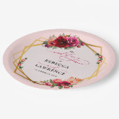 シックな赤いピンクのフローラとフェイク金ゴールド結婚ズ ペーパープレート (アングル)