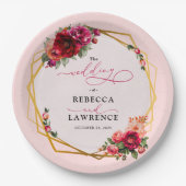 シックな赤いピンクのフローラとフェイク金ゴールド結婚ズ ペーパープレート (正面)