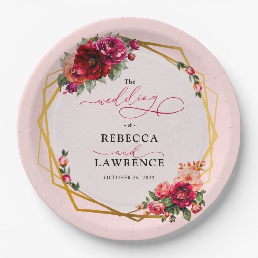 シックな赤いピンクのフローラとフェイク金ゴールド結婚ズ ペーパープレート (正面)