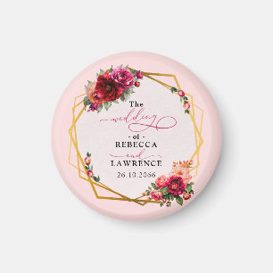 シックな赤いピンクのフローラとフェイク金ゴールド結婚ズ マグネット