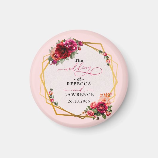 シックな赤いピンクのフローラとフェイク金ゴールド結婚ズ マグネット (正面)