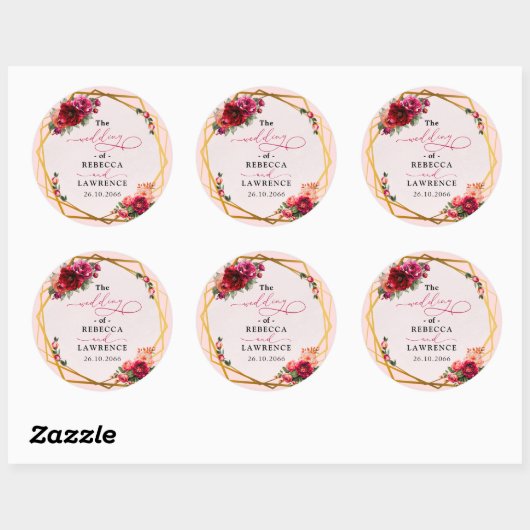 シックな赤いピンクのフローラとフェイク金ゴールド結婚ズ ラウンドシール (シート)