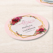 シックな赤いピンクのフローラとフェイク金ゴールド結婚ズ ラウンドペーパーコースター (アングル)