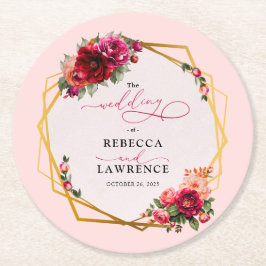 シックな赤いピンクのフローラとフェイク金ゴールド結婚ズ ラウンドペーパーコースター