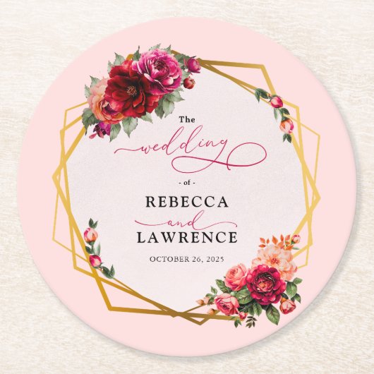 シックな赤いピンクのフローラとフェイク金ゴールド結婚ズ ラウンドペーパーコースター (正面)
