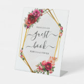 シックな赤いピンクのフローラとフェイク金ゴールド結婚ズ 台座サイン (正面)