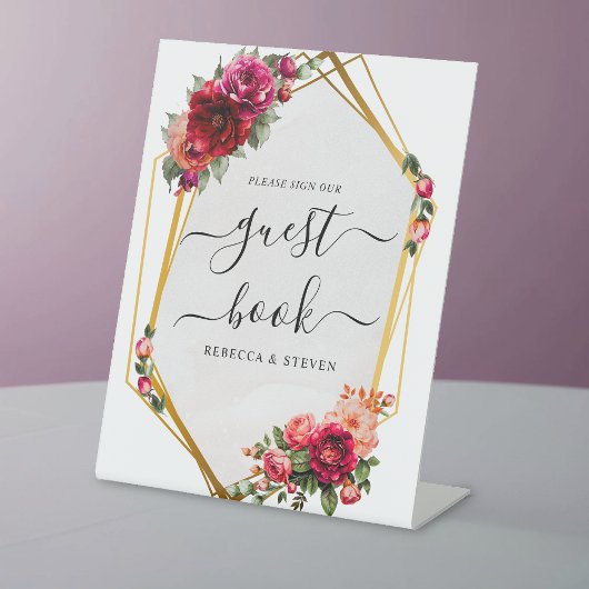 シックな赤いピンクのフローラとフェイク金ゴールド結婚ズ 台座サイン