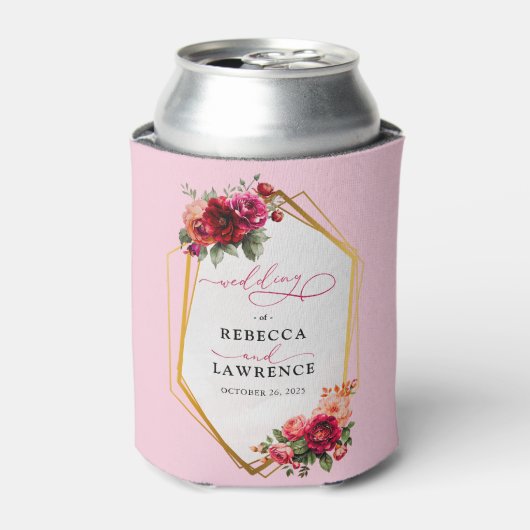シックな赤いピンクのフローラとフェイク金ゴールド結婚ズ 缶クーラー (缶正面)