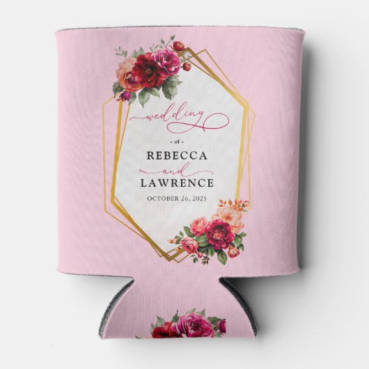 シックな赤いピンクのフローラとフェイク金ゴールド結婚ズ 缶クーラー (正面)