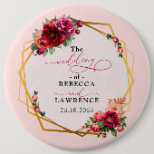 シックな赤いピンクのフローラとフェイク金ゴールド結婚ズ 缶バッジ (正面)