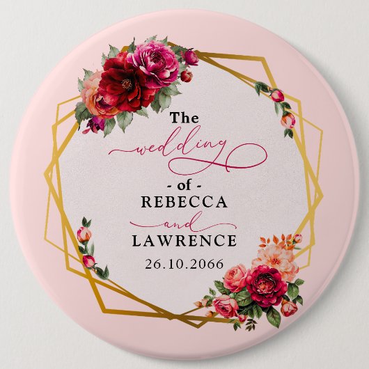 シックな赤いピンクのフローラとフェイク金ゴールド結婚ズ 缶バッジ (正面)