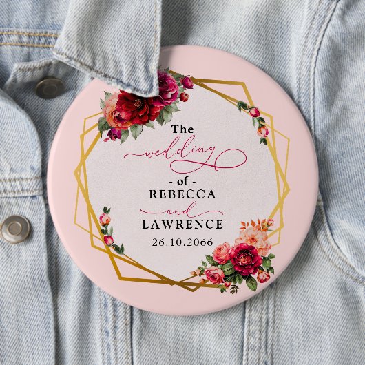 シックな赤いピンクのフローラとフェイク金ゴールド結婚ズ 缶バッジ (インサイチュ)