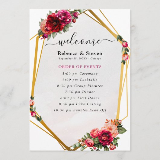 シックな赤いピンクのフローラとフェイク金ゴールド結婚式プログラム プログラム (正面)
