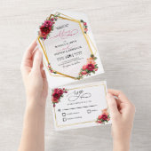 シックな赤いピンクのフローラとフェイク金ゴールド オールインワン招待状 (貼ってはがせる)