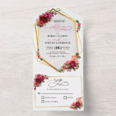 シックな赤いピンクのフローラとフェイク金ゴールド オールインワン招待状 (内側)