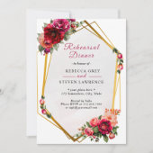 シックな赤いピンクのフローラフェイク金ゴールドリハーサル 招待状 (正面)