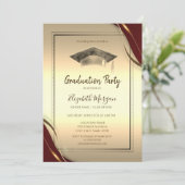 シックな赤いフレーム、卒業キャップ金ゴールド卒業 招待状 (スタンド正面)