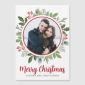 シックな赤いホリークリスマスリースフォトマグネットカード (正面)