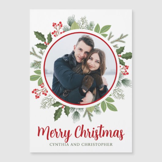 シックな赤いホリークリスマスリースフォトマグネットカード (正面)