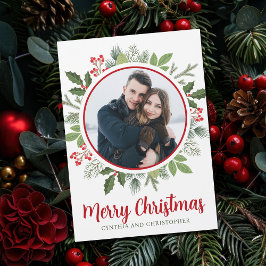 シックな赤いホリークリスマスリースフォトマグネットカード