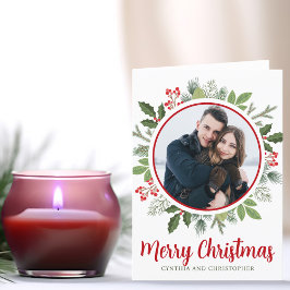 シックな赤いホリークリスマスリース写真を折り畳み シーズンカード