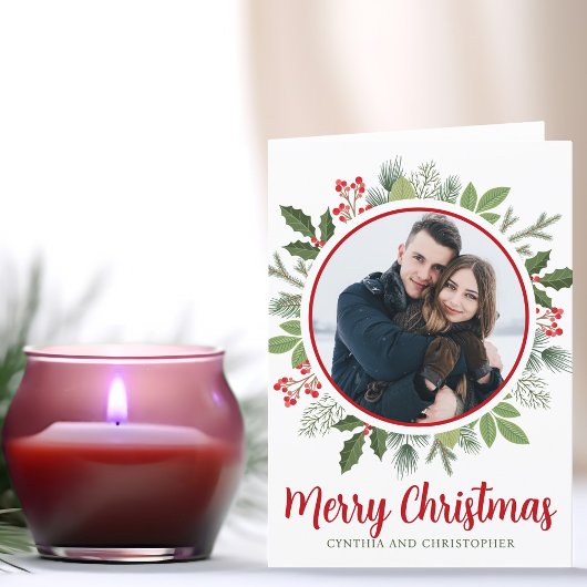 シックな赤いホリークリスマスリース写真を折り畳み シーズンカード