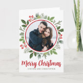 シックな赤いホリークリスマスリース写真を折り畳み シーズンカード (正面)