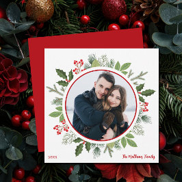 シックな赤いホリーベリーリーフクリスマスリース写真 シーズンカード