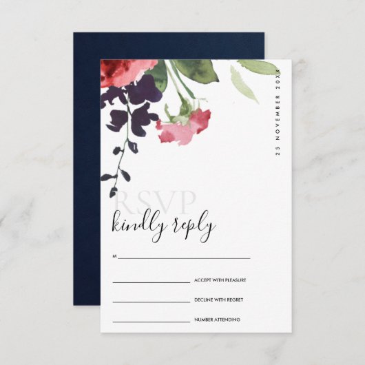 シックな赤いローズ牡丹フローラ水の色の結婚式RSVP エンクロージャーカード (正面/裏面)