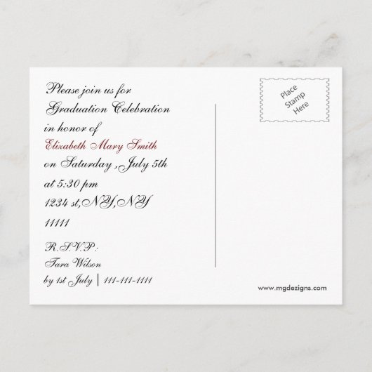 シックな赤い写真の卒業招待状 インビテーションポストカード (裏面)