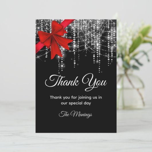 シックな赤い弓ブラックシルバーフェイクグリッター感謝していユー カード (スタンド正面)