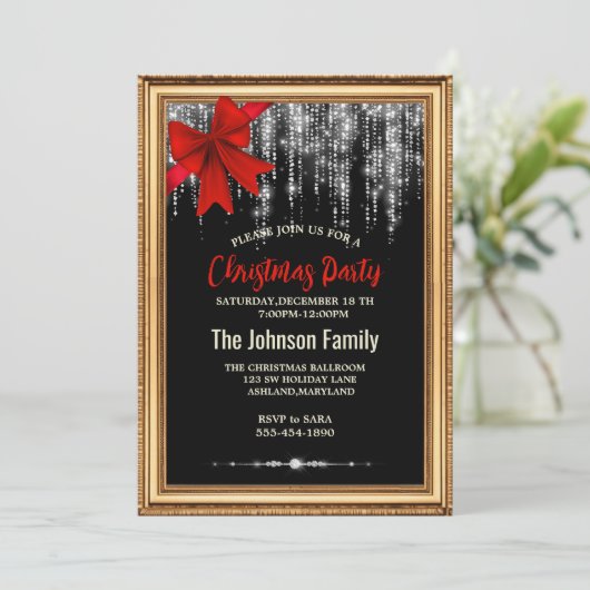 シックな赤い弓ブラックシルバーホリデーライトクリスマス 招待状 (スタンド正面)