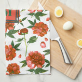 シックな赤い牡丹が咲く花パターンモノグラム キッチンタオル (四つ折り)