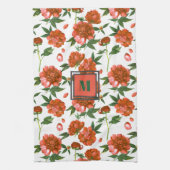 シックな赤い牡丹が咲く花パターンモノグラム キッチンタオル (縦)