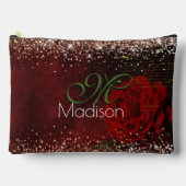 シックな赤い花のフェイク金ゴールドグリッターモノグラム アクセサリーポーチ (正面)