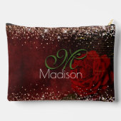 シックな赤い花のフェイク金ゴールドグリッターモノグラム アクセサリーポーチ (裏面)