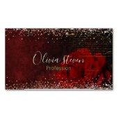 シックな赤い花のフェイク金ゴールドグリッターモノグラム マグネット名刺 (正面)